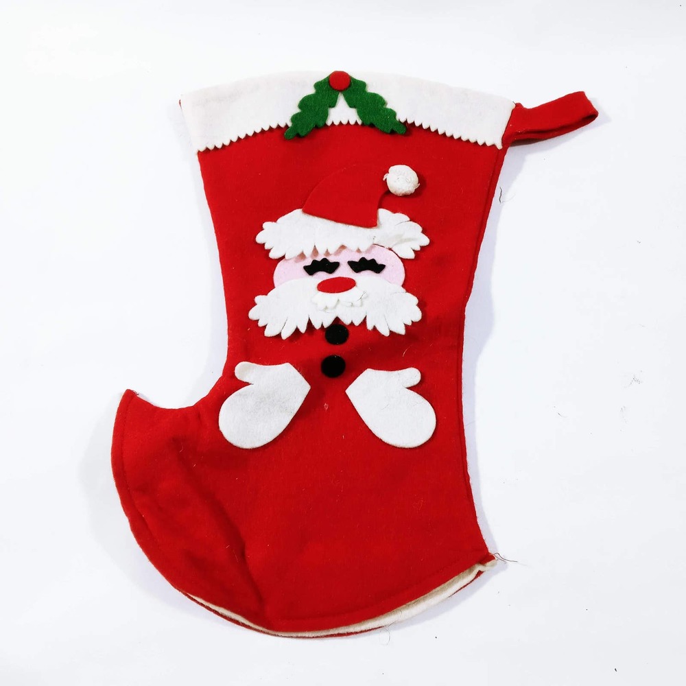 Vintage Christmas Santa Claus Stocking Holly Felt (cb6)